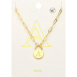 -A- Brass Metal Monogram Lock Pendant Necklace